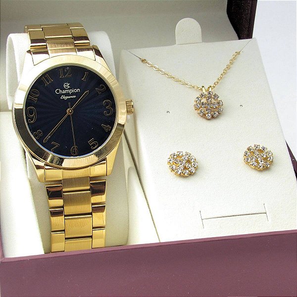 Kit Relógio Champion Feminino CN26564D Colar + Brincos