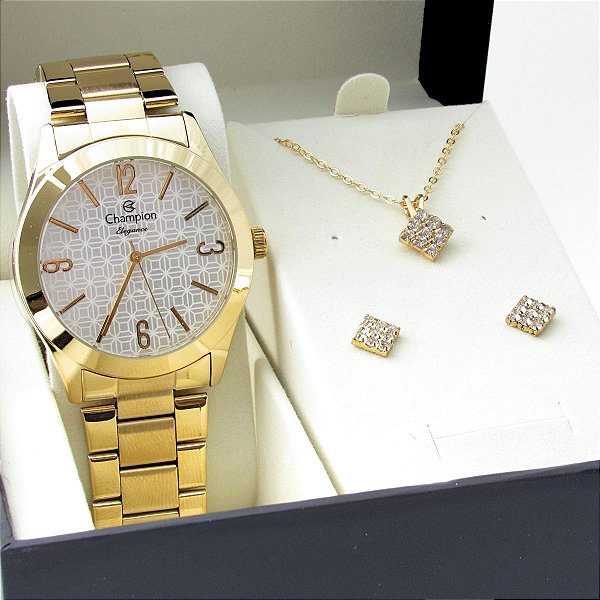 Kit Relógio Champion Feminino CN26546W com Colar e Brincos