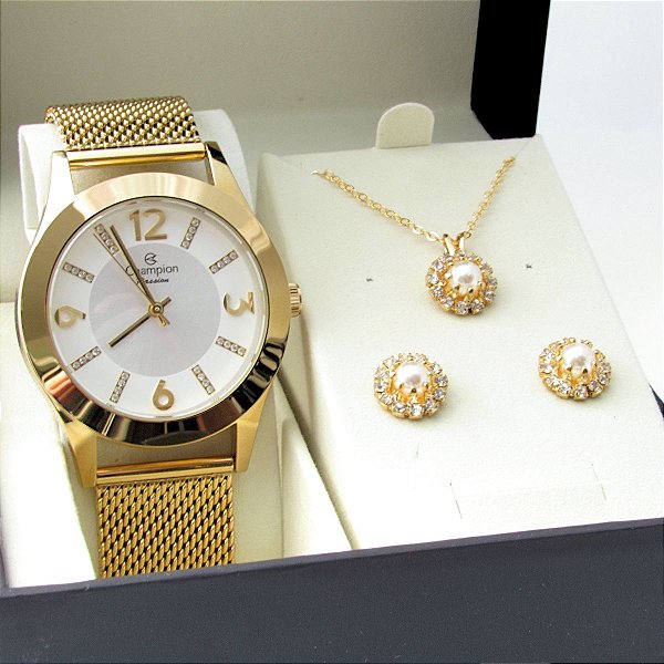 Kit Relógio Champion Feminino CN28713B com Colar e Brincos
