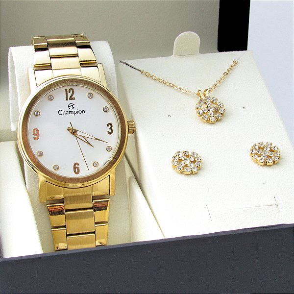 Kit Relógio Champion Feminino CN29025W com Colar e Brincos