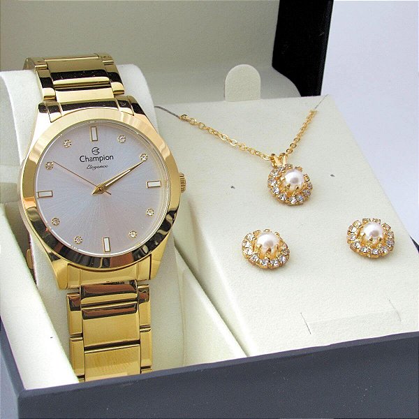 Kit Relógio Champion Feminino CN25930W com Colar e Brincos