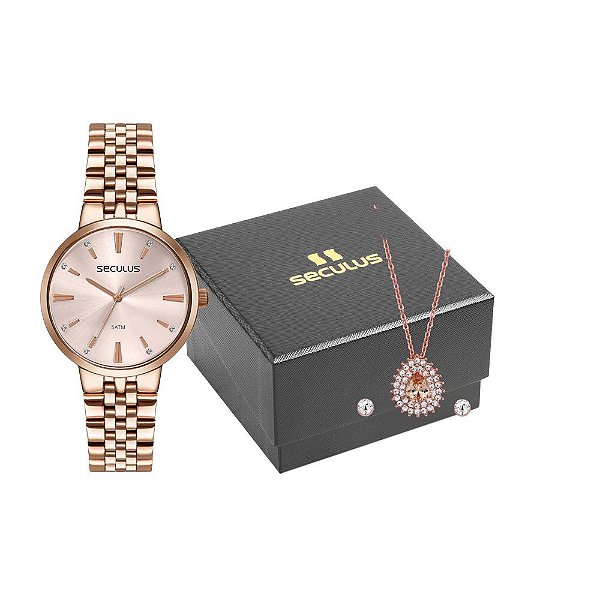Kit Relógio Feminino Seculus colar e brincos 77266LPSVRS2K1