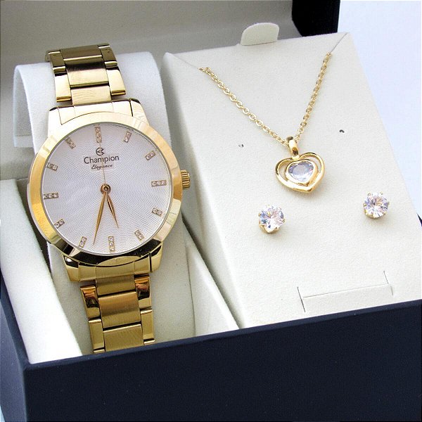 Kit Relógio Champion Feminino CN25261W com Colar e Brincos