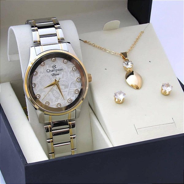 Kit Relógio Champion Feminino CN27410C com Colar e Brincos