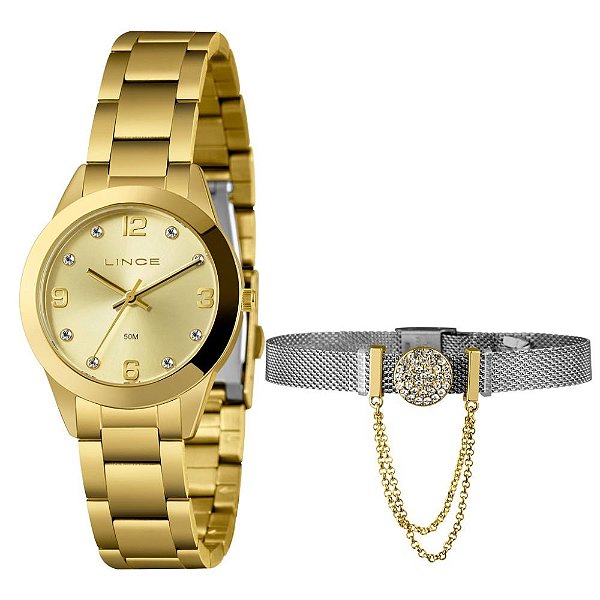 Kit Relógio Feminino Lince Dourado LRG4785L34 K07FC2KX