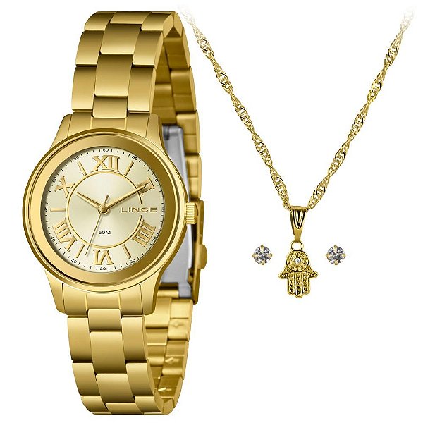 Kit Relógio Feminino Lince Dourado LRGH206L34 K08WC3KX
