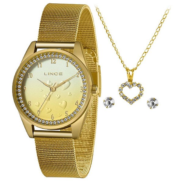 Kit Relógio Feminino Lince Dourado LRGJ135L KZ21C2KX