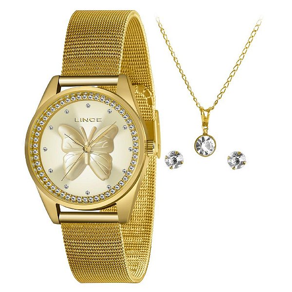Kit Relógio Feminino Lince Dourado LRGJ146L KN94C1KX