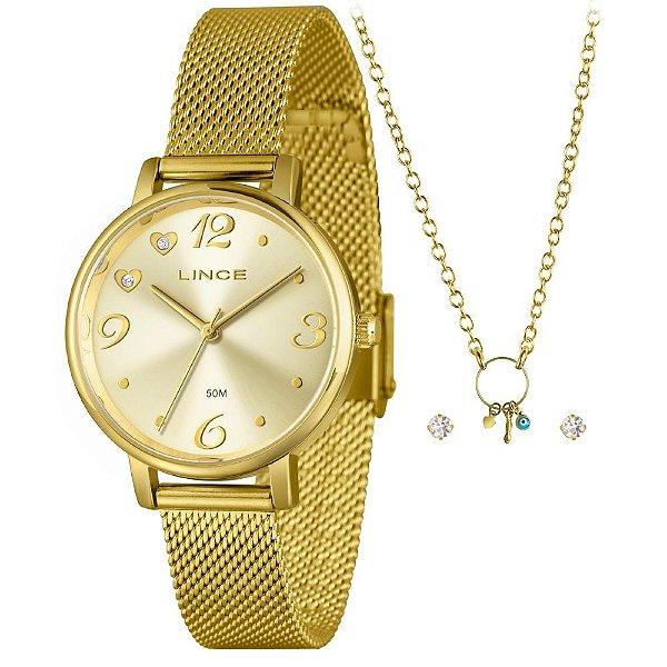 Kit Relógio Feminino Lince Dourado LRGM043L34 K0ERC2KX