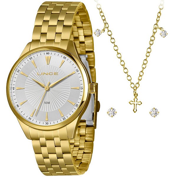Relógio Lince Feminino Dourado Kit Colar Cruz – LRGH223L40