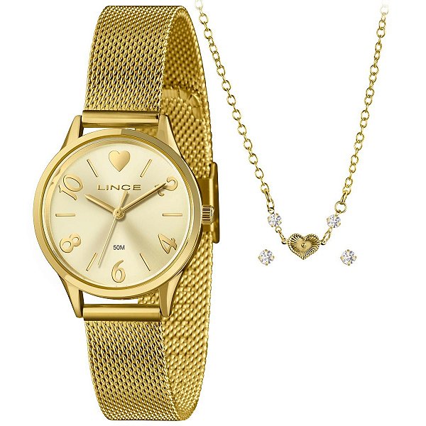 Relógio Lince Feminino Dourado Kit Colar Coração – LRGH242L30