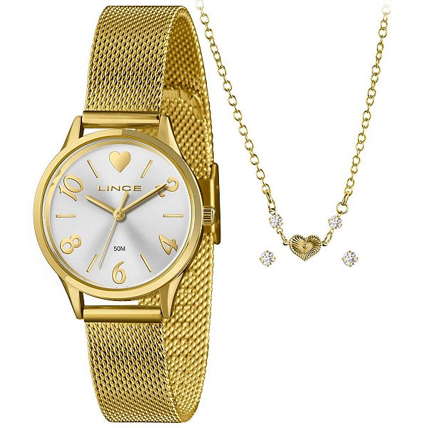 Relógio Lince Feminino Dourado Kit Coração – LRGH242L30