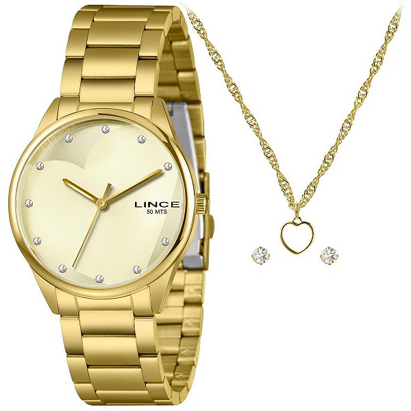 Relógio Lince Feminino Dourado Kit Coração – LRGH244L40