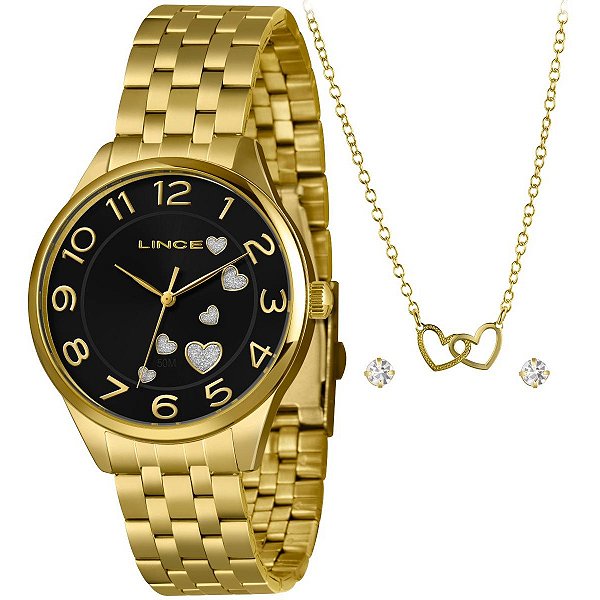 Relógio Lince Feminino Dourado Kit Corações – LRGH245L40