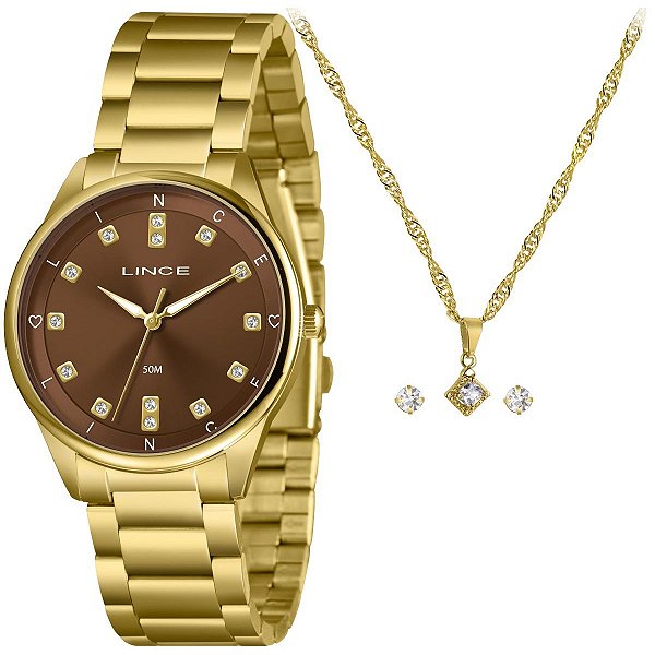 Relógio Lince Feminino Dourado Kit Colar Cristal – LRGH246L40