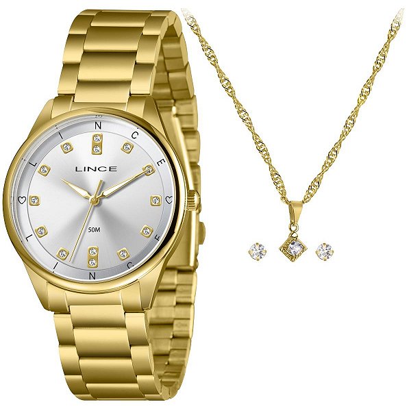 Relógio Lince Feminino Dourado Kit Cristal – LRGH246L40