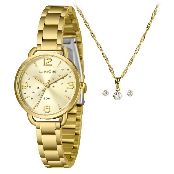 Relógio Lince Feminino Dourado Kit Colar – LRGH274L32