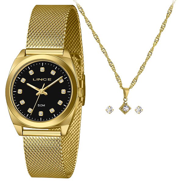 Relógio Lince Feminino Dourado Kit Colar – LRGH276L34