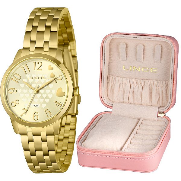 Relógio Lince Feminino Dourado Estojo Organizador LRGM044L38