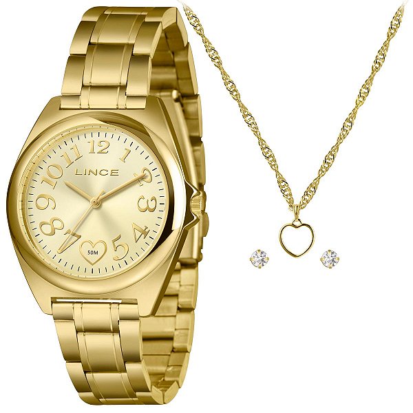 Relógio Lince Feminino Dourado Colar e Brincos LRGM051L38
