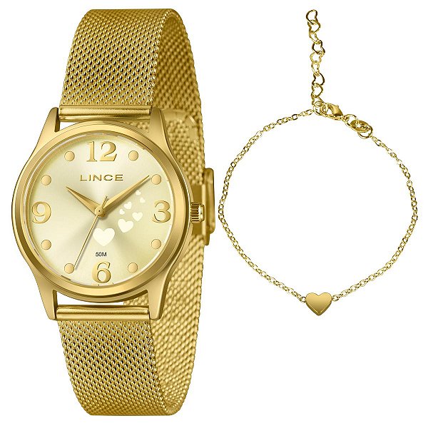 Relógio Lince Feminino Dourado Colar e Brincos LRGM061L34