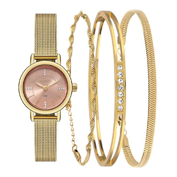 Kit Relógio Euro Feminino Elegante Dourado EU2036YWH/K4M