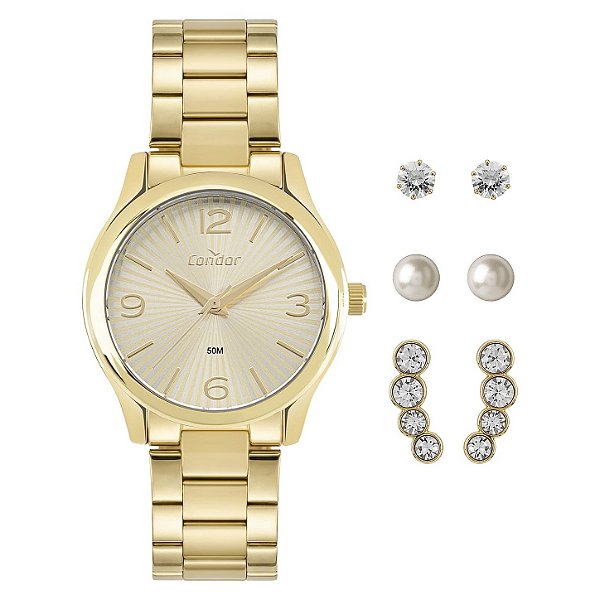 Kit Relógio Condor Feminino Dia A Dia Dourado CO2035ODC/K4X