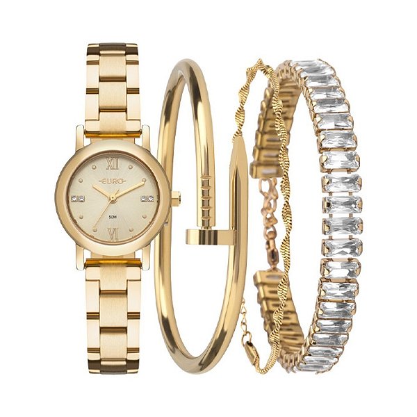 Kit Relógio Euro Feminino Mix Elegante Dourado - EU2035ZDP/K4D