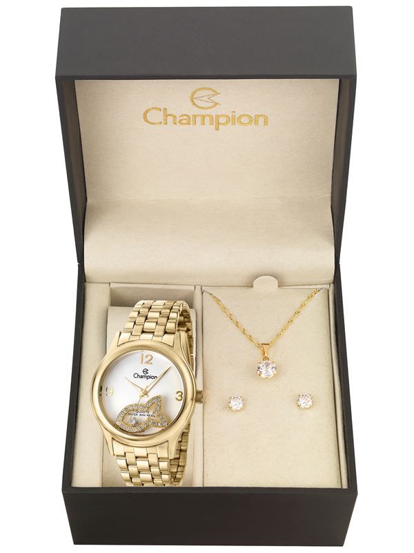 Kit Relógio Champion Elegance Feminino CN28482W com Colar e Brincos