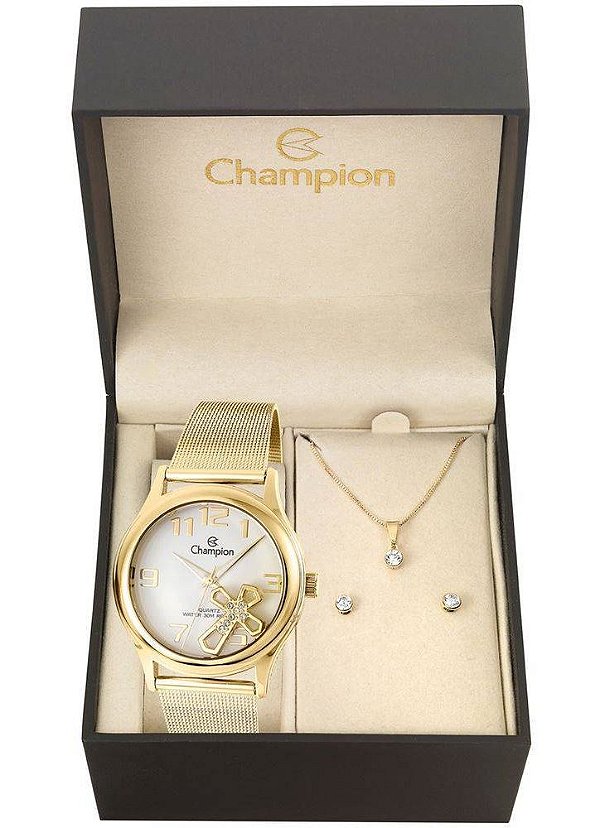 Kit Relógio Champion Elegance Feminino CN28491W com Colar e Brincos