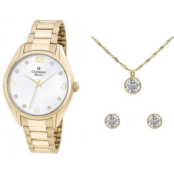 Kit Relógio Champion Elegance Feminino CN25681W com Colar e Brincos