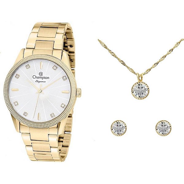 Kit Relógio Champion Elegance Feminino CN25823W com Colar e Brincos