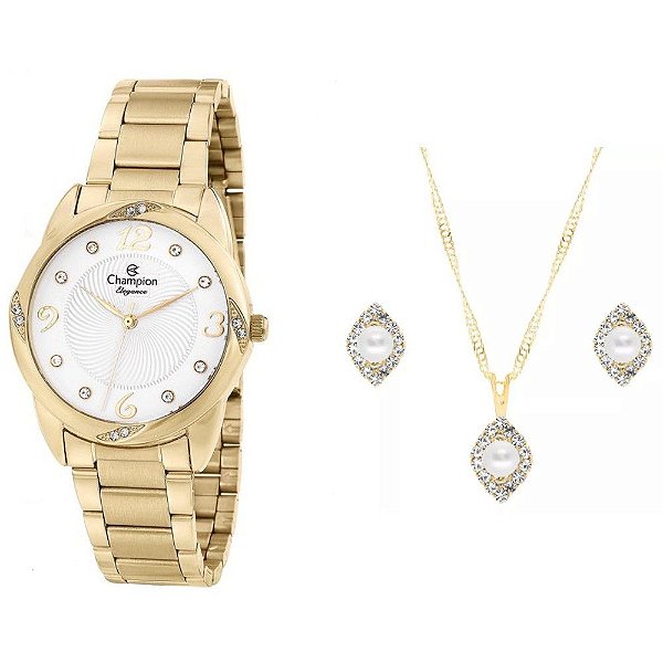 Kit Relógio Champion Feminino CN25734W com Colar e Brincos