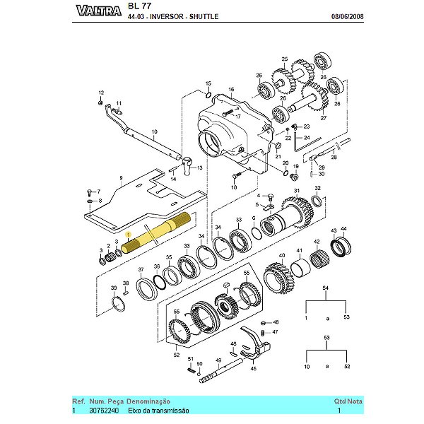 EIXO DA EMBREAGEM DUPLA COM CREEPER / SPLITTER (765MM - 22X22 - VALFER) VALTRA BL77 / BL88 - 600 / 700 / 800 / 900 - 30762240