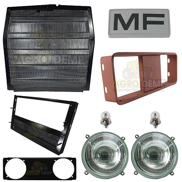 KIT DE GRADES FRONTAL COMPLETO + PAR DE FAROL REDONDO (C/ LAMPADA) + EMBLEMA MF - MASSEY FERGUSON - 235 / 265 / 275 / 290 / 295