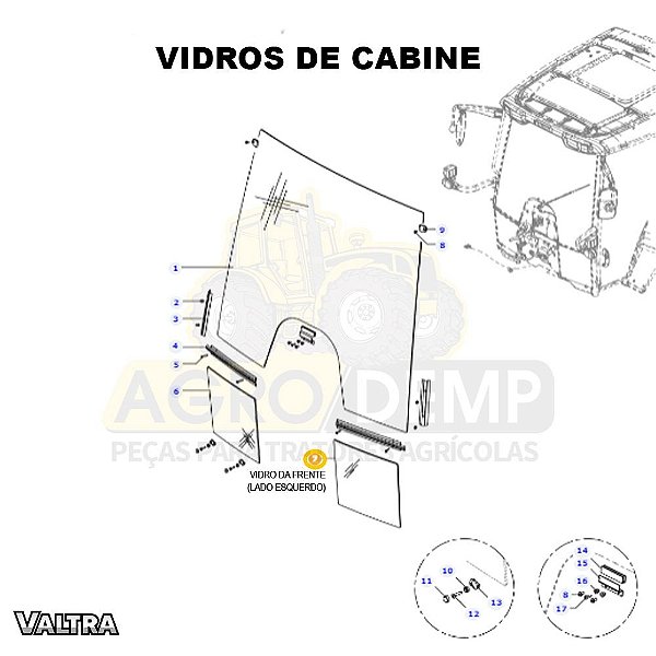 VIDRO DA FRENTE NO CANTO INFERIOR (LADO ESQUERDO) - VALTRA BH 135 / BH145 / BH165 / BH180 / BH200 E BH210 - 36482610