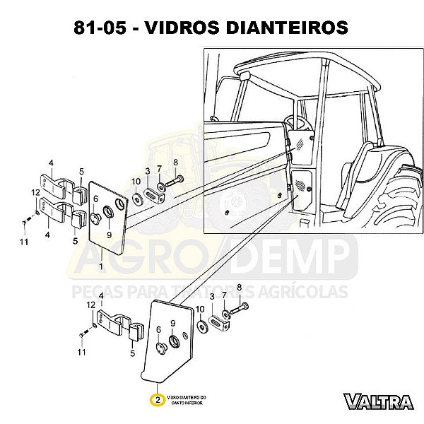 VIDRO DIANTEIRO DO CANTO INFERIOR - VALTRA BH145 / BH165 / BH180 / BH185 / BH205 / BM85 / BM100 / BM110 / BM120 E BM125 (GERAÇÕES 1 E 2) - 85068600