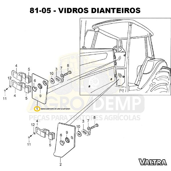 VIDRO DIANTEIRO DO CANTO SUPERIOR - VALTRA BH145 / BH165 / BH180 / BH185 / BH205 / BM85 / BM100 / BM110 / BM120 E BM125 (GERAÇÕES 1 E 2 ) - 85068500