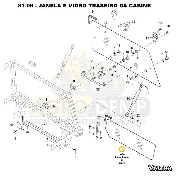 VIDRO INFERIOR TRASEIRA DA CABINE - VALTRA BH140 / BH160 / BH180 / BM85 / BM100 / BM110 / BM120 E 1780  - 81475800