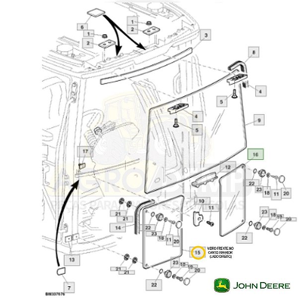 VIDRO CABINE FRENTE CANTO INTERIOR (LADO DIREITO) - JOHN DEERE 6110J / 6125J / 6130J / 6145J / 6180J / 6415 / 6615 E 7515 - L151753