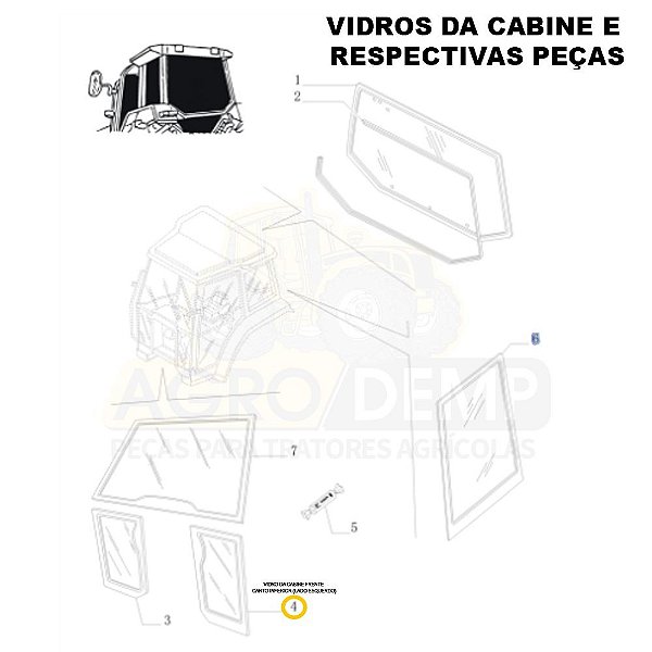 VIDRO DA CABINE CANTO INFERIOR (LADO ESQUERDO) - NEW HOLLAND TL60E / TL75E / TL85E / TL95E / TM135 / TM150 / TM165 / TM180 / TM7010 / TM7020 / TM7030 ATÉ TS6040 - 87314708