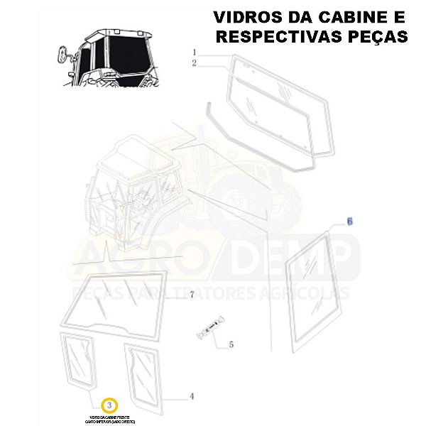 VIDRO DA CABINE FRENTE CANTO INFERIOR (LADO DIREITO) - NEW HOLLAND TL60E / TL75E / TL85 / TL95E / TM135 / TM150 / TM165 / TM180 / TM7010 / TM7020 / TM7030 / TM7040 / TS6020 / TS6030 E TS6040 - 87314707