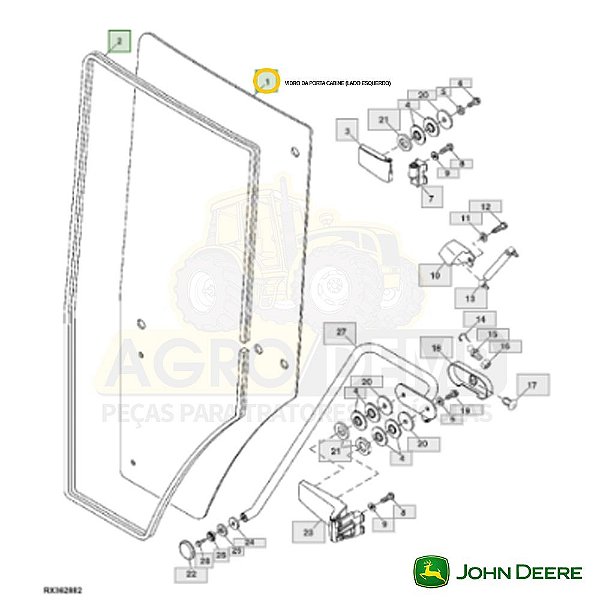 VIDRO DA PORTA CABINE (LADO ESQUERDO MODELO IMPORTADO) - JOHN DEERE 7200 / 7210 / 7400 / 7410 / 7510 / 7600 / 7610 / 7700 / 7710 / 7800 E 7810 - R131163