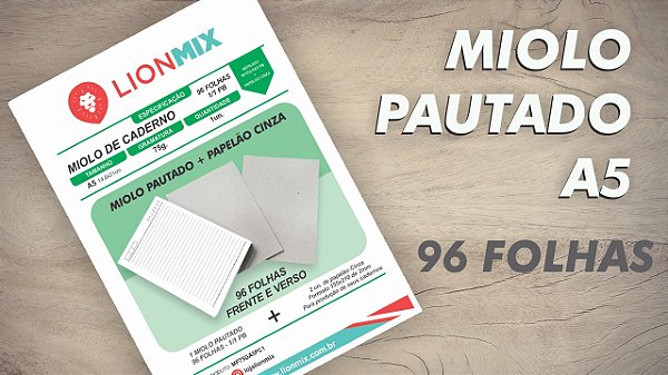 MIOLO PAUTADO A5 PARA CADERNO + PAPELÃO CINZA 96 folhas - OFFSET 75G. 1/1 PB - Embalagem unitária