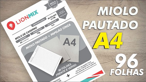 MIOLO PAUTADO A4 PARA CADERNO + PAPELÃO CINZA 96 folhas - OFFSET 75G. 1/1 PB - Embalagem unitária