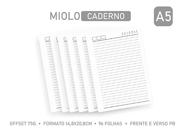 MIOLO PAUTADO A5 PARA CADERNO  96 folhas - OFFSET 75G. 1/1 PB - Embalagem unitária