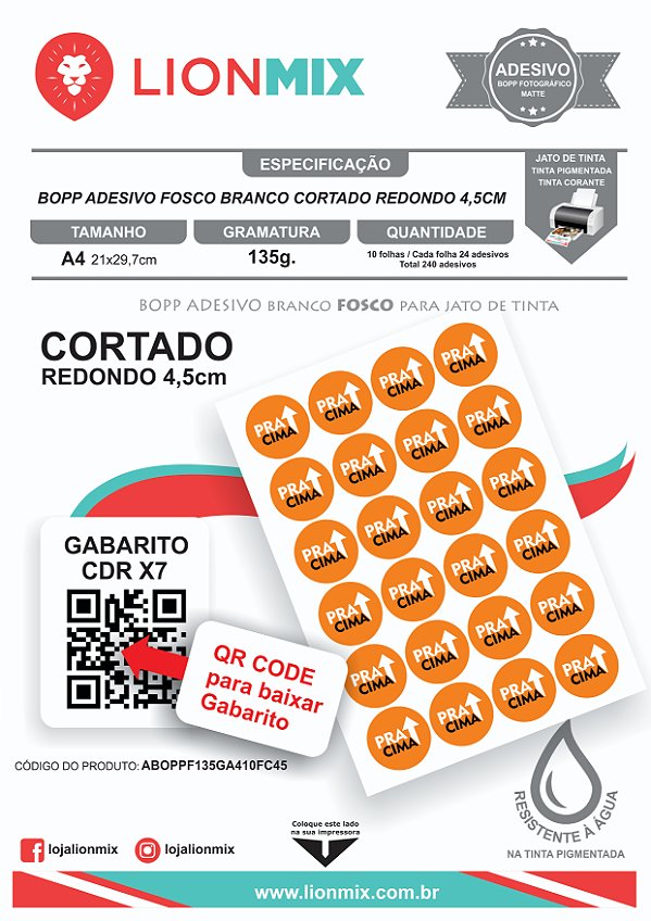 BOPP ADESIVO FOSCO BRANCO 135g CORTADO REDONDO 4,5CM A4 - 10 folhas
