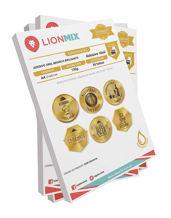 VINIL ADESIVO BRANCO BRILHANTE 135g. Resistente à água - A4 - 50 folhas