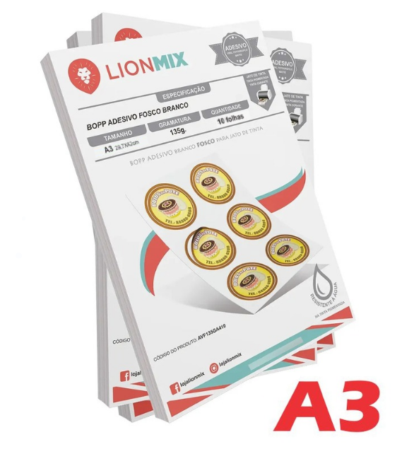 BOPP ADESIVO BRANCO FOSCO 135g. A3 - 10 folhas