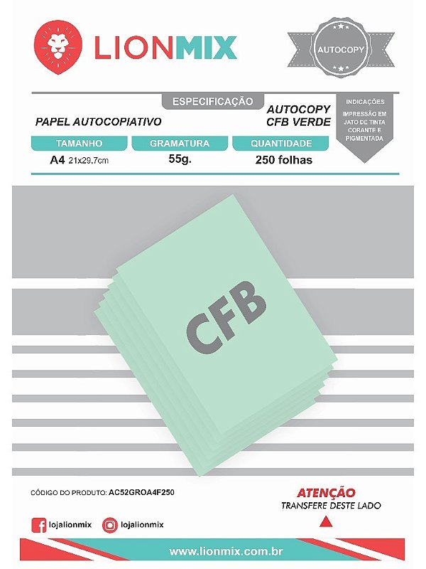 PAPEL AUTOCOPIATIVO CFB 55g. VERDE - A4 PCT 250 FOLHAS